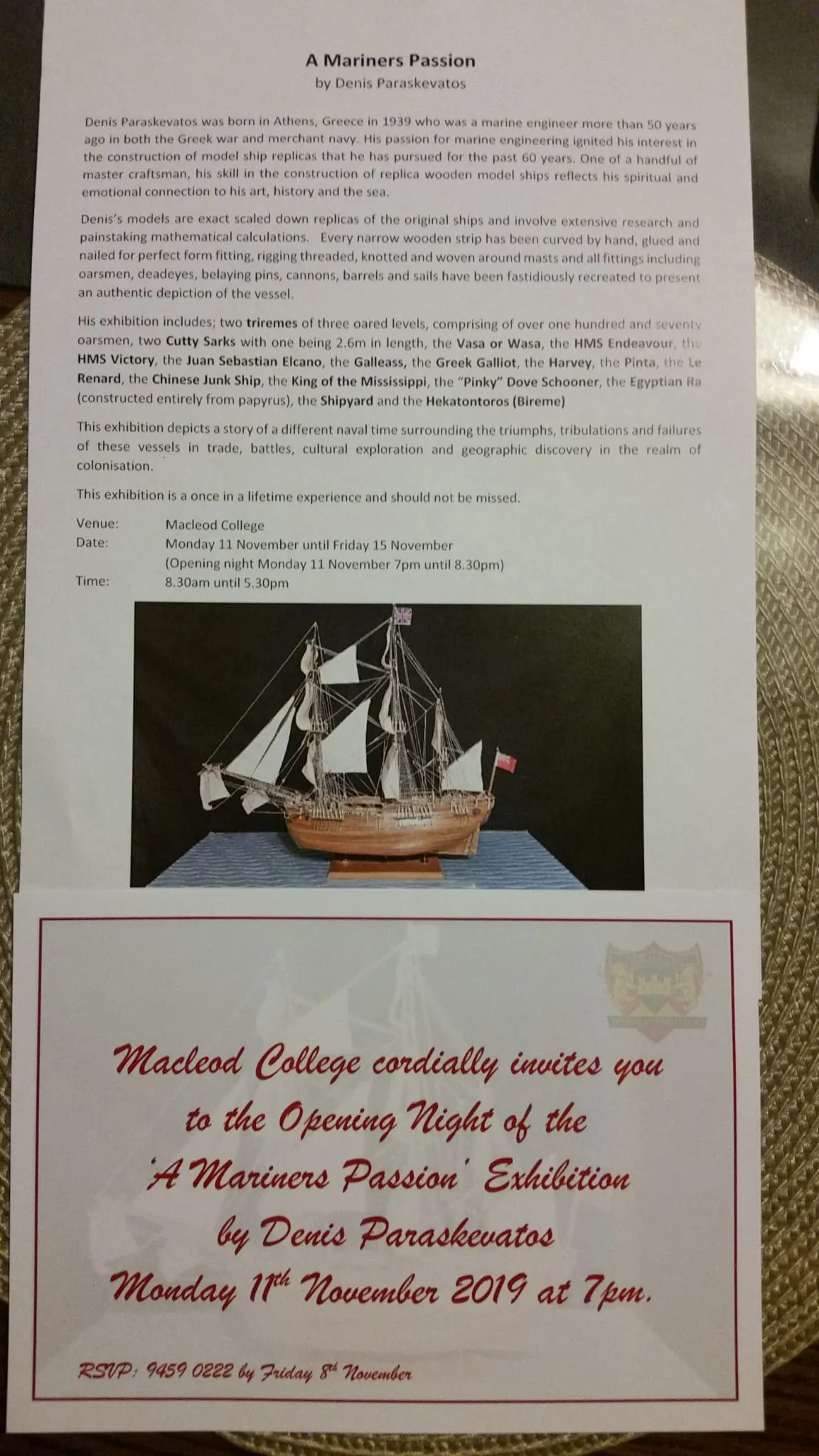 About Denis Paraskevatos: Invitation to the Macleod College exhibition 2019
